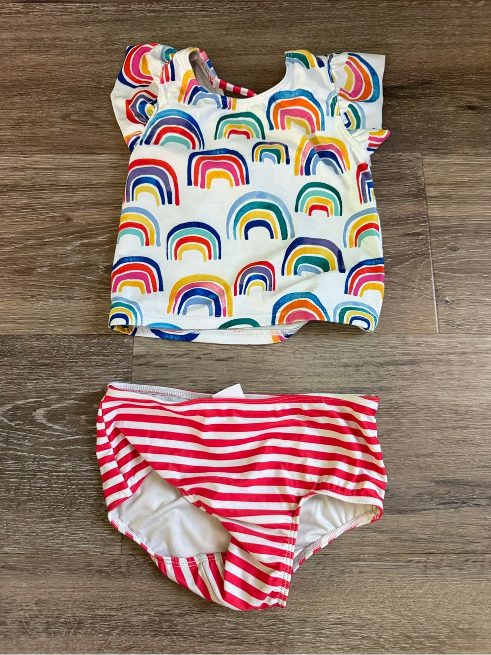 Harper Canyon Rainbow Ruffle Tankini Top with Pink Stripe Bottoms